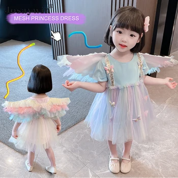 2021 Новое детское платье для девочек из сетки с крыльями Бабочки, платье для девочек, Vestidos, Повседневные вечерние платья Принцессы для девочек, детская одежда