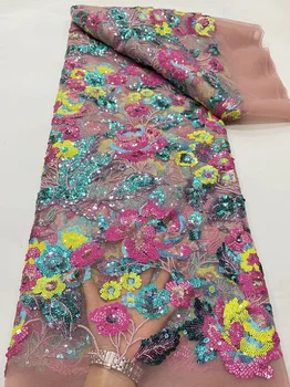 2023 Новейший дизайн, Африканская кружевная ткань ручной работы, разноцветный тюль с блестками, Кружевная ткань в Нигерийском стиле, Роскошная кружевная ткань для свадебной вечеринки, Сшитая