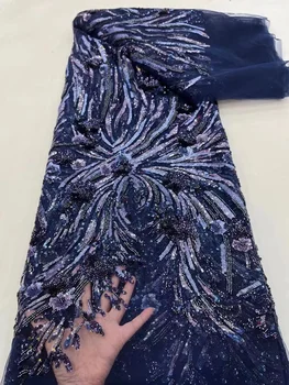 2023 Темно-синяя Африканская Кружевная Ткань С Блестками, Роскошное Французское Нигерийское Кружевное Полотно из бисерной Сетки, Высококачественное Свадебное Платье