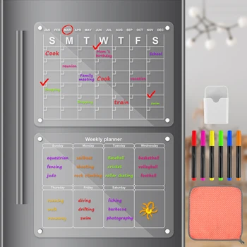 2шт Магнитный акриловый календарь для холодильника, Прозрачные акриловые магнитные доски для планирования, Многоразовый Календарь для сухого стирания с 6