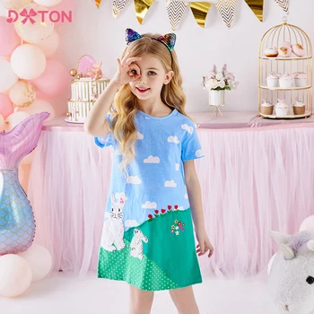 DXTON/ Платье с короткими рукавами для девочек, Хлопковые летние детские платья для девочек, детские повседневные костюмы с аппликацией в виде кролика, платье для малышей, платье для девочек