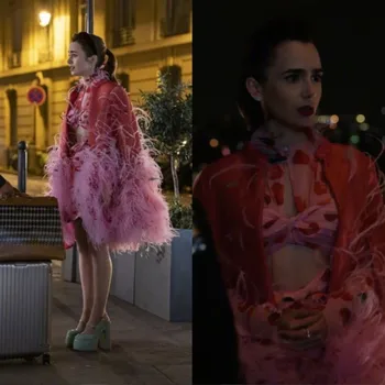 Emily Is In Paris, такой же розовый, с цветочным принтом на плечах, мини-платье без бретелек, облегающее В складку, Сексуальные полые плиссированные платья с длинным рукавом