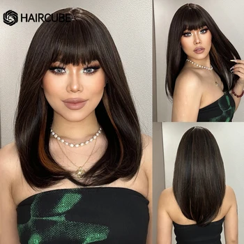 HAIRCUBE Черные Коричневые Смешанные светлые синтетические парики для женщин Длинные Прямые коричневые парики с челкой Вечерние Ежедневные поддельные волосы