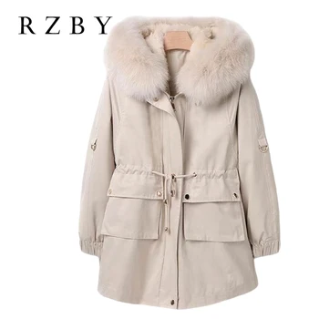 Hooded куртка зимняя женская Fur Collar Mid-length Cotton Parkas Adjustable Wasit Casual куртки Winter Jacket Women RZBY747