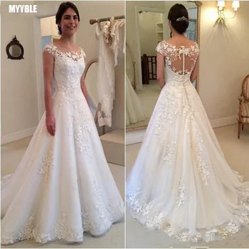 MYYBLE/ Белые винтажные свадебные платья с кружевными аппликациями 2022, прозрачные свадебные платья с короткими рукавами сзади, Дешевые свадебные платья vestidos de novia