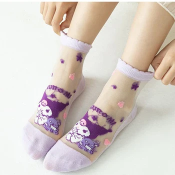 Sanrio Kawaii Kuromi/ Летние Тонкие Хлопчатобумажные Носки Для Детей с Милыми Мультяшными Животными, Чулки с Кристаллами, Дышащие Ледяные Шелковые Игрушки для Девочек