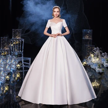 Vestido De Noiva 2023, Классическое Свадебное бальное платье на шнуровке из атласа с коротким рукавом, Роскошные свадебные платья Robe De Mariee