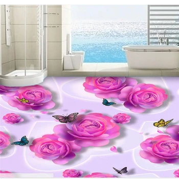 wellyu Custom flooring painting 3d розовые розы бабочка эстетическая мода 3D гостиная напольная декоративная живопись 3d напольное покрытие