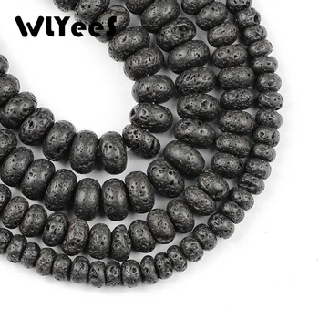 WLYeeS 6-8-10 мм Натуральный Черный Вулканический Лавовый камень Плоские Круглые Свободные бусины для DIY Браслета Аксессуары для изготовления ювелирных изделий ручной работы