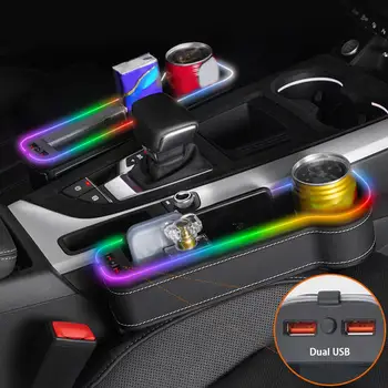 Автомобильный щелевой ящик для хранения с 2 USB-зарядными устройствами, красочный светодиодный карманный органайзер для сидений, карта, телефон, держатель для бутылок, стаканчики