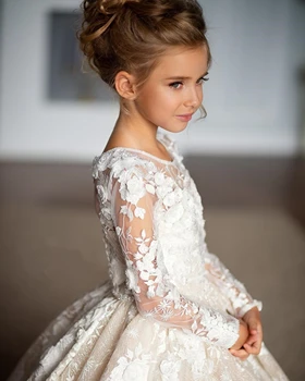 Белое Тюлевое платье с кружевной аппликацией для девочек в цветочек, Элегантное Свадебное Платье с Цветочным узором для Празднования Дня Рождения Ребенка, Платье для Евхаристии