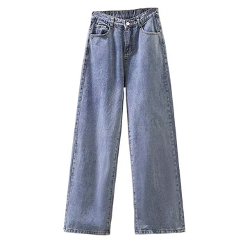 Брюки Харадзюку Винтажные Широкие брюки с высокой талией Модные Джинсовые брюки для мам Синий деним