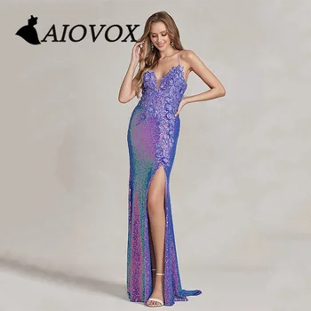 Вечернее платье для выпускного вечера AIOVOX с V-образным вырезом и аппликациями, вечернее платье с блестками на шнуровке, без спинки, с высоким разрезом, Vestido De Noche для женщин