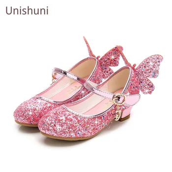 Вечерние танцевальные туфли для девочек, кожаные туфли принцессы с бабочками и блестками для девочек, детские модельные туфли с бриллиантами и бантом на высоком каблуке
