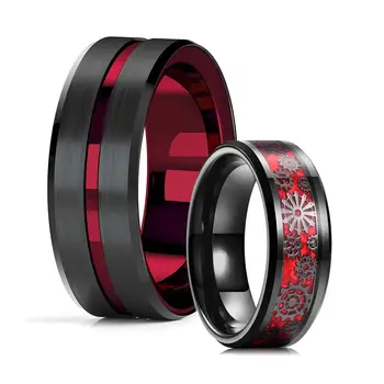 Винтажные Мужские Обручальные кольца с красной Канавкой, черные Вольфрамовые Обручальные кольца, Ретро-панк, кольцо с механической шестерней, Инкрустация, Красные кольца из углеродного волокна