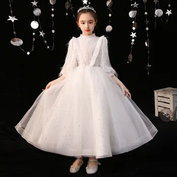 Детское платье, Свадебное платье Принцессы для девочек, платье с длинными рукавами для Маленькой девочки, Детское платье для выступления на фортепиано с Цветочным узором