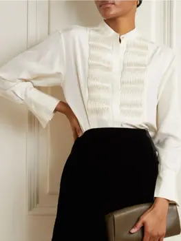 Женская плиссированная рубашка силуэта с жемчужными пуговицами, Классическая Свободная блуза с длинным рукавом, Весна-лето, Офисная Женская блузка и сорочка с круглым вырезом