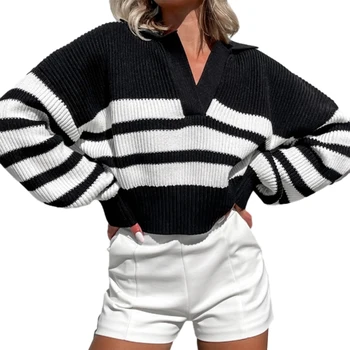 Женские весенне-осенние модные вязаные свитера в полоску с длинным рукавом и лацканами, повседневные пуловеры, топы из трикотажа