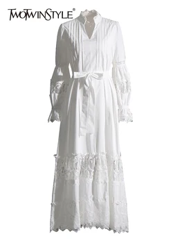 Женские кружевные платья TWOTWINSTYLE, сшитые Вручную, с V-образным вырезом, пышными рукавами, высокой талией, платье в стиле пэчворк с рюшами, женская модная одежда