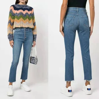 Женские однобортные джинсовые брюки с высокой талией, женские узкие прямые джинсы длиной до щиколотки