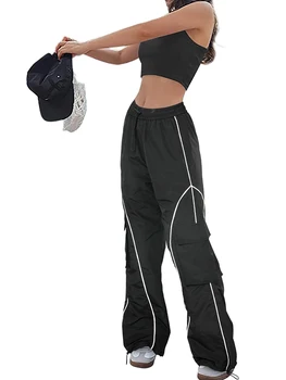 Женские широкие Мешковатые брюки-карго с негабаритной эластичной резинкой на талии, спортивные брюки с завязками, Свободная однотонная уличная одежда с карманом