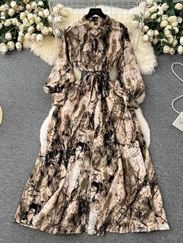 Женское Весеннее платье, Темперамент, Винтажное платье с чернильным принтом, Рукав-фонарь, Дизайн талии на шнуровке, Большие Качели, Длинное платье D3518