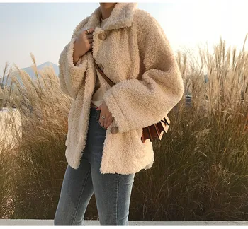 Женское зимне-осеннее толстое пальто, Мягкая меховая куртка, Осеннее пальто, Женская Модная теплая одежда на пуговицах с длинными рукавами, плюшевая повседневная верхняя одежда