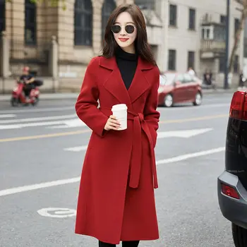 Женское пальто Осень-зима 2023, Шерстяные пальто для женщин, Корейский стиль, Длинный рукав, Двубортный Модный Офисный женский однотонный V58