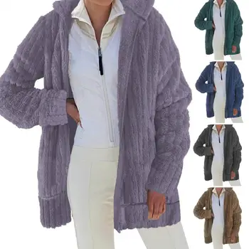 Женское пальто, Ультратолстое, на молнии, ветрозащитное, с длинным рукавом, однотонное, сохраняющее тепло, мягкие зимние Женские модные плюшевые куртки Оверсайз