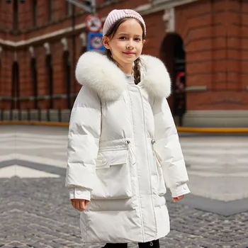 Зимнее детское модное длинное пуховое пальто, непромокаемая пуховая куртка с капюшоном для девочек, плотная зимняя одежда для детей среднего и большого размера