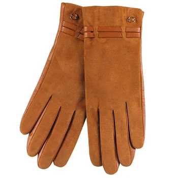 Зимние женские перчатки из натуральной кожи, Новые брендовые перчатки с сенсорным экраном, модные теплые черно-коричневые перчатки, варежки