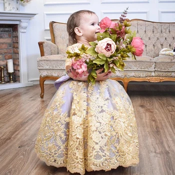 Золотые аппликации, платья для маленьких девочек в цветочек, Праздничное платье Принцессы на День рождения, Детское Платье для Новобрачных