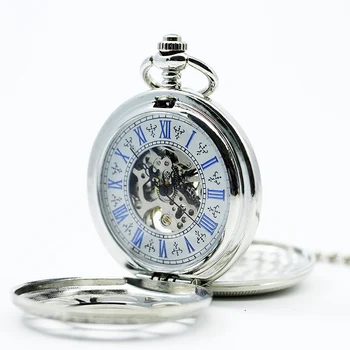 Классические серебряные механические карманные часы с двойным отверстием для джентльмена, Винтажное ожерелье, Браслет, Часы в стиле стимпанк, Подарок