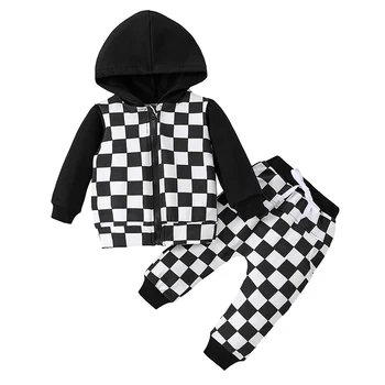 Комплект брюк для мальчика из 2 предметов, топы с капюшоном в клетку в шахматном порядке, Спортивные штаны, Комплект с капюшоном для малышей, спортивный костюм, Осенне-зимняя одежда