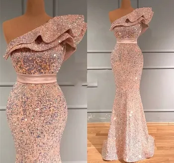 Конфетно-Розовое Вечернее платье Русалки с блестками 2022, Женское Вечернее платье на одно плечо для выпускного Вечера, Вечернее платье Arbic Vestidos Robe De Soiree