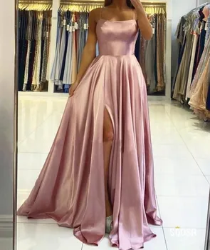 Краснеющее розовое Длинное Вечернее платье на бретельках 2023, платье для выпускного вечера с разрезом сзади на бретельках, Простое Вечернее платье трапециевидной формы на заказ