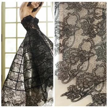Кружевная ткань с открытой вышивкой для вечерних платьев, черный, не совсем белый, 1 метр 2022