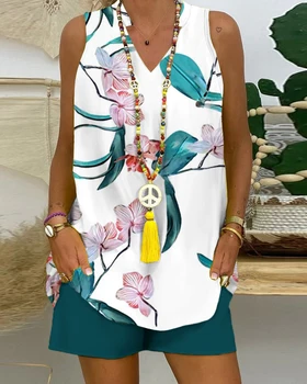 Летние женские Модные комплекты из двух предметов без рукавов с V-образным вырезом, Топ с тропическим принтом и шорты с карманами, комплект