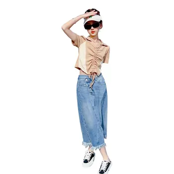 Летние модные комплекты одежды в корейском стиле для девочек, топ с V-образным вырезом + длинные джинсовые юбки, Детская одежда на 6 7 8 9 10 11 12 14 лет