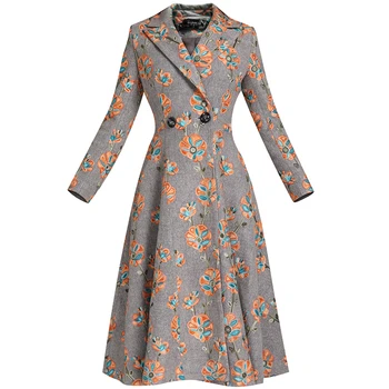 Модное Зимнее шерстяное пальто с цветочным рисунком, куртка с вышивкой, женское пальто из шерсти и смесей, Элегантное кашемировое пальто в английском стиле