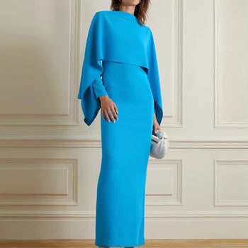 Модное синее атласное платье-футляр с круглым вырезом и разрезом, вечерние платья для выпускного вечера, оборки длиной до щиколотки, женское вечернее платье