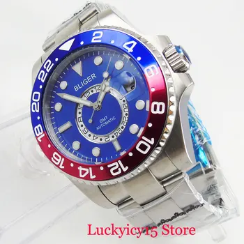 Модные мужские часы BLIGER с функцией GMT Синий циферблат с окошком даты 43 мм Ремешок для часов, сапфировое стекло
