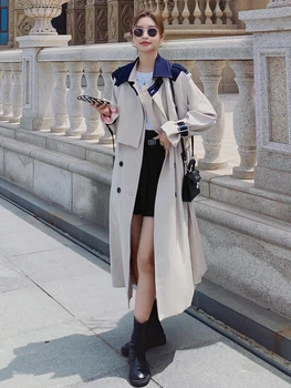 Модный Новый Двубортный Длинный тренч, Женская Офисная Джинсовая верхняя одежда в стиле пэчворк, весна-осень