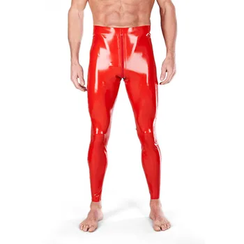 Мужские латексные красные резиновые брюки с высокой талией, брюки с застежкой-молнией в промежности, Леггинсы ручной работы на заказ размера Плюс S-LTM043