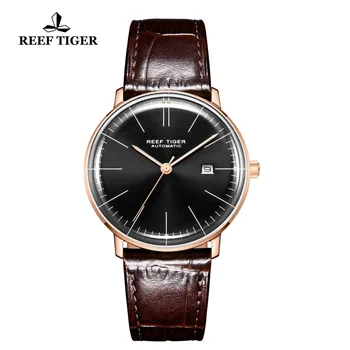 Мужские часы Reef Tiger/RT Luxruy Dress с выпуклой линзой и ремешком из натуральной кожи, автоматические механические с датой RGA8215