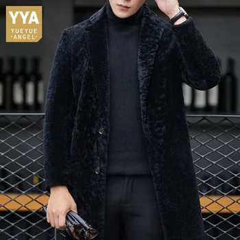Мужское деловое дубленочное пальто, зимнее теплое Брендовое Тонкое Длинное пальто с лацканами, Черная повседневная роскошная меховая верхняя одежда, Большие размеры 4XL