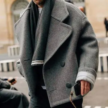 Мужское Зимнее пальто с длинным рукавом и лацканами, Двубортные карманы, однотонная теплая шерстяная верхняя одежда, Уличная одежда