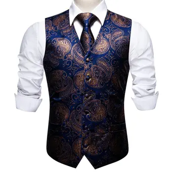 Мужской шелковый жилет темно-синего цвета с классическим V-образным вырезом и галстуком Пейсли, костюм, жилет, повседневный дизайнерский костюм без рукавов, свадебный костюм.Wang GM-2711