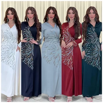 Мусульманское платье, Длинное Платье с V-образным вырезом в Арабском стиле из Дубая, Модное Атласное Вечернее Платье-Абайя с Бриллиантами, Кардиган, Халат, Женская Одежда с Принтом