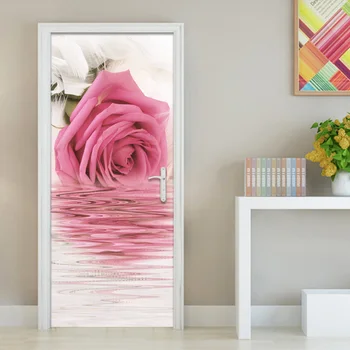 Наклейка на дверь гостиной спальни, Розовая роза, ПВХ, водонепроницаемая самоклеящаяся роспись на двери ванной комнаты, плакат, обои для домашнего декора